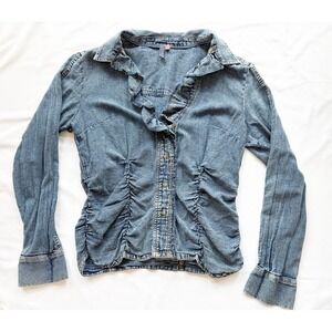 Pilcro Anthropologie Sz L Denim Cotton Top Rushed Boho Peasant Casual Fun Shirt